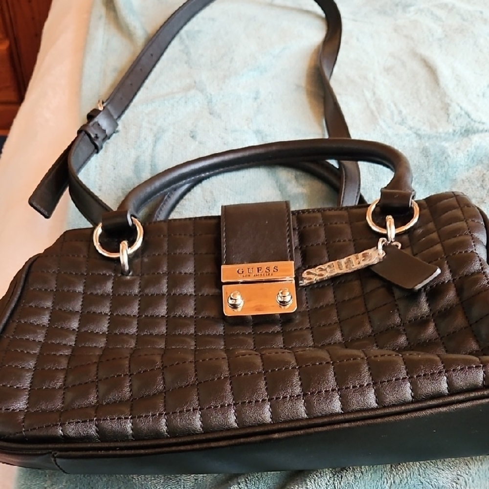 Guess Black Quilted Shoulder Bag with Gold Hardware